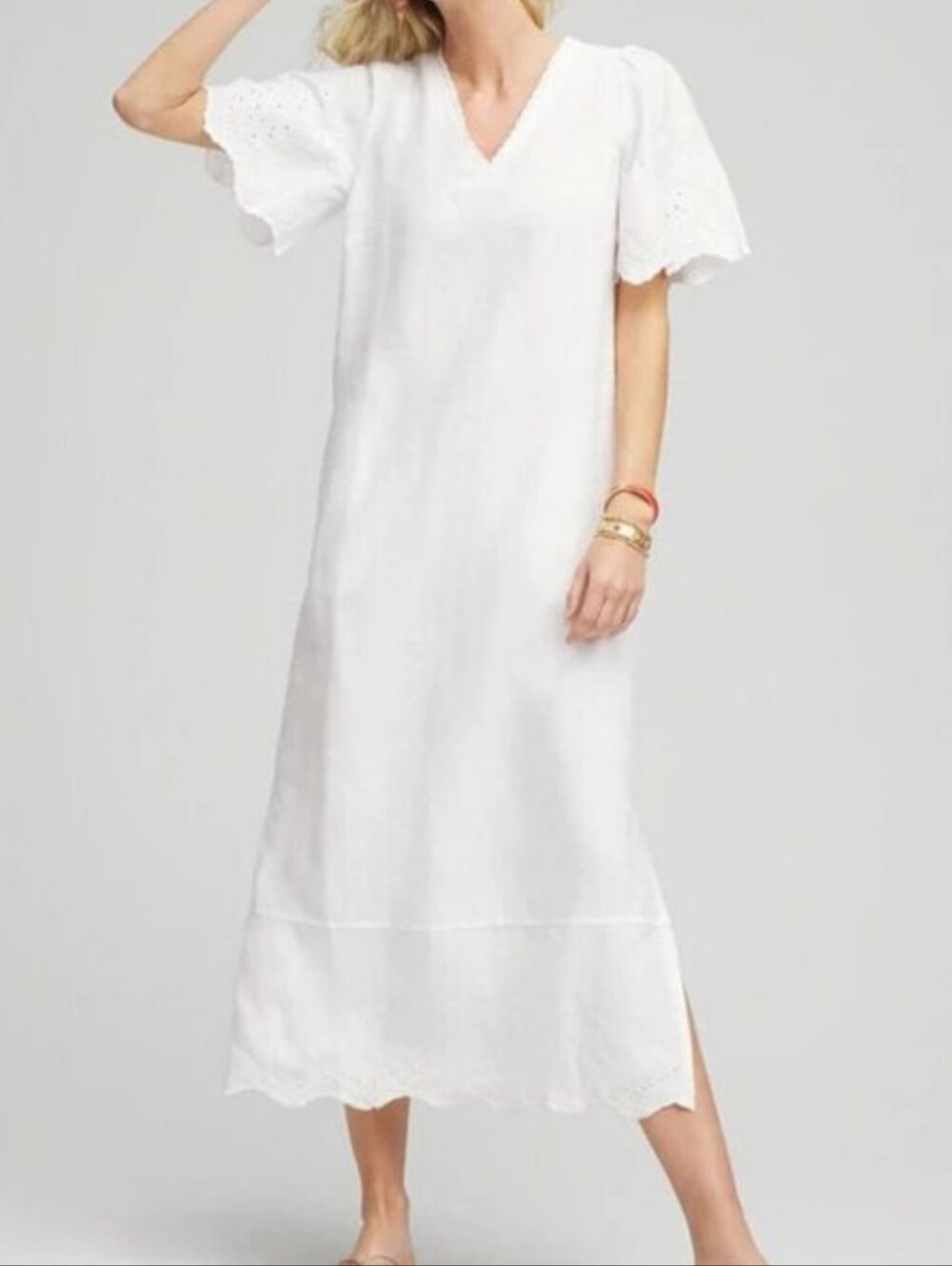 Chico's White Linen V-Neck Cutout Midi Dress Size 0 SMALL